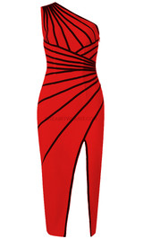 One Shoulder Black Trim Midi Dress Red