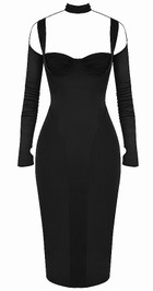 Long Sleeve Choker Bustier Midi Dress Black