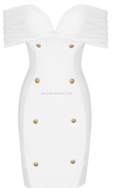 Draped Off The Shoulder Button Dress White