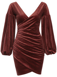 Puff Long Sleeve Draped Velvet Dress Brown
