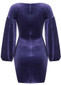 Puff Long Sleeve Draped Velvet Dress Purple Blue