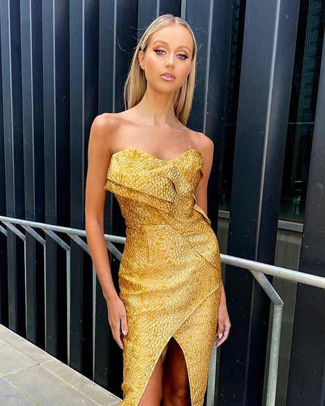 Strapless Sparkly Draped Midi Dress Gold