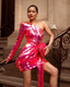 One Sleeve Sequin Draped Dress Hot Pink