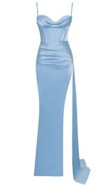 Draped Corset Maxi Silk Dress Blue