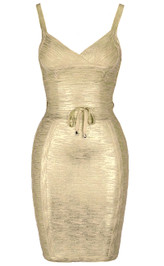 Tie Detail Woodgrain Foil Print Bandage Dress Gold