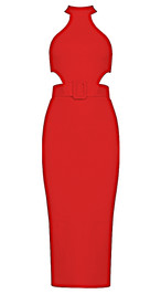 Halter Belt Cut Out Midi Dress Red