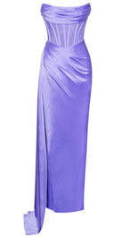 Strapless Draped Corset Maxi Silk Dress Indigo