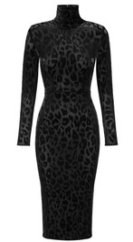 Long Sleeve Animal Print Midi Velvet Dress Black