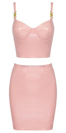 Bustier Detail Two Piece Faux Leather Dress Pink