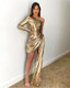 One Sleeve Sequin Draped Dress Sequin