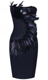 Strapless Feather Detail Midi Dress Black