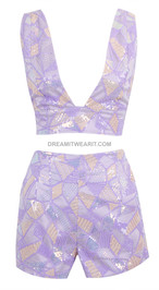 Sequined Crop Top Shorts Set Lavender