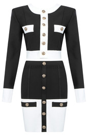 Long Sleeve Contrast Two Piece Dress Black White