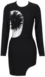 Long Sleeve Embellished Mesh Dress Black