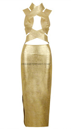 Halter Strappy Woodgrain Foil Print Midi Dress Gold