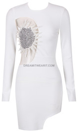 Long Sleeve Embellished Mesh Dress White