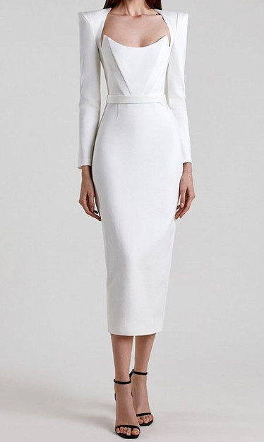 Long Sleeve Corset Midi Dress White