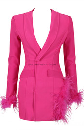 Long Sleeve Feather Detail Blazer Dress Hot Pink