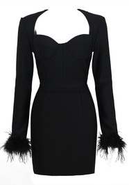 Feather Long Sleeve Bustier Dress Black