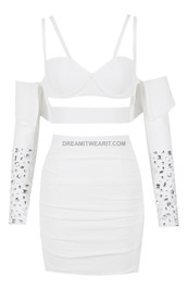 Rhinestone Long Sleeve Draped Dress White