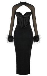 Feather Long Sleeve Corset Maxi Velvet Dress Black