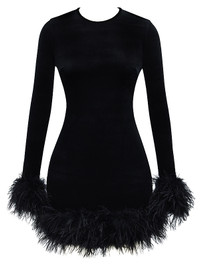 Feather Long Sleeve Velvet Dress Black