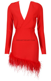Long Sleeve Feather Hem Dress Red