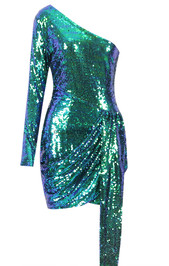 One Sleeve Sequin Draped Dress Green
