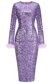 Long Sleeve Feather Sequin Midi Dress Purple
