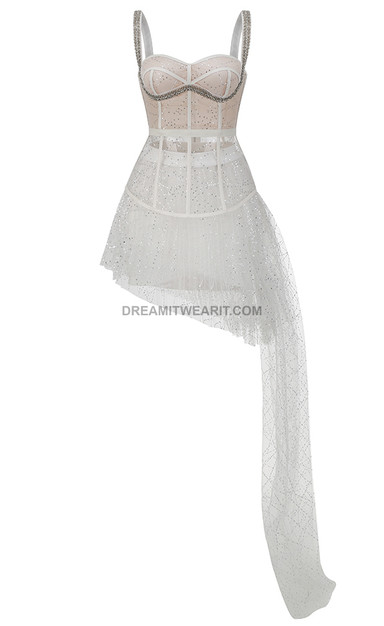 Sequined Mesh Bustier Two Piece Dress White