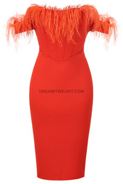Feather Off Shoulder Midi Dress Red