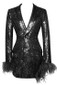 Long Sleeve Sequin Feather Blazer Dress Black