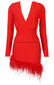 Long Sleeve Cross Over Feather Dress Red
