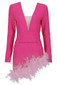 Long Sleeve Rhinestone Feather Dress Hot Pink