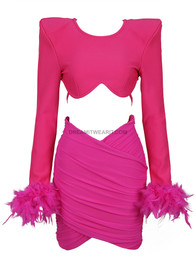 Long Sleeve Feather Draped Two Piece Dress Hot Pink