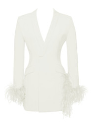 Long Sleeve Feather Detail Blazer Dress White