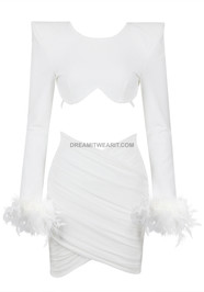 Long Sleeve Feather Draped Two Piece Dress White