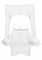 Long Sleeve Feather Draped Two Piece Dress White