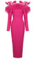 Long Sleeve Feather Midi Dress Hot Pink
