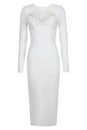 Long Sleeve Crystal Tassel Midi Dress White
