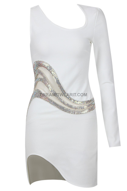 One Sleeve Crystal Detail Dress White