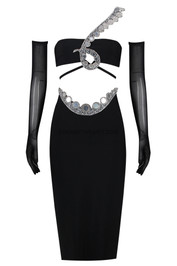 One Shoulder Crystal Two Piece Midi Dress Black