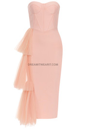 Strapless Bustier Mesh Detail Midi Dress Pink