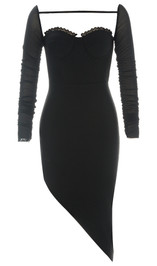 Long Sleeve Lace Bustier Asymmetric Midi Dress Black