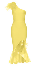 One Shoulder Mesh Ruffle Midi Dress Yellow