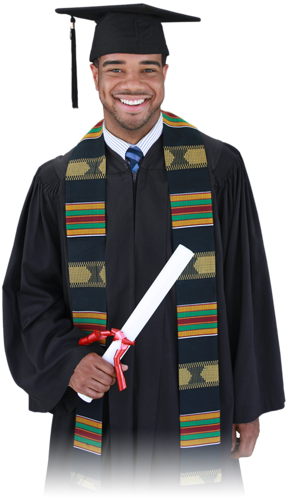 The Kente graduation stole is made of a printed black Kente design with a black fringe. This blank Kente sash is usually worn to celebrate black pride, cultural affiliations, or African heritage.
Sash Size: Approx. 5" wide x 35" long