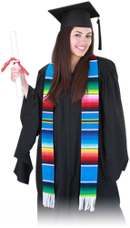 The serape graduation stole is made of traditional Mexican Serape with a white fringe. 
This blank stole celebrates your connection with Mexico, Hispanic or south American heritage.
 Note: Serape colors may vary! 