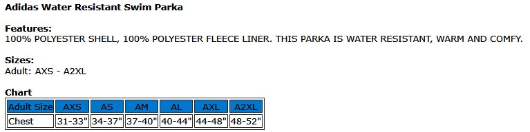 Swim Parka Size Chart