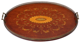 Antique quality Victorian inlaid mahogany oval serving tray tea