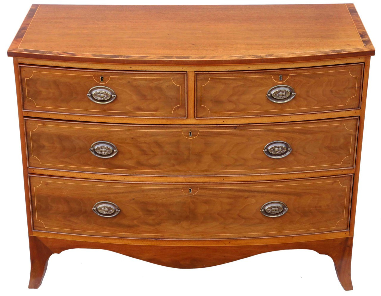 Antique Quality Regency Bow Front Inlaid Flame Mahogany Chest Of
